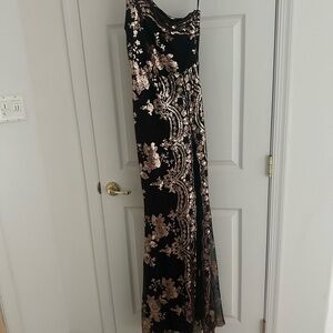 Rose gold beaded floor length gown